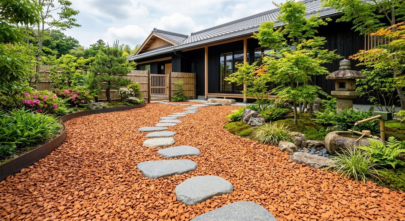 瓦チップ（テコラ）を庭に敷き詰めた施工例。水はけが良く清潔感のある仕上がり