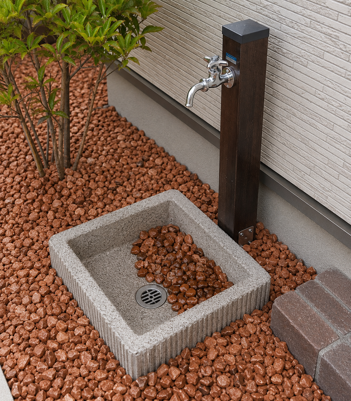 散水栓・立水栓まわりに瓦チップを敷いた施工例｜水はね・泥はね対策の仕上がり